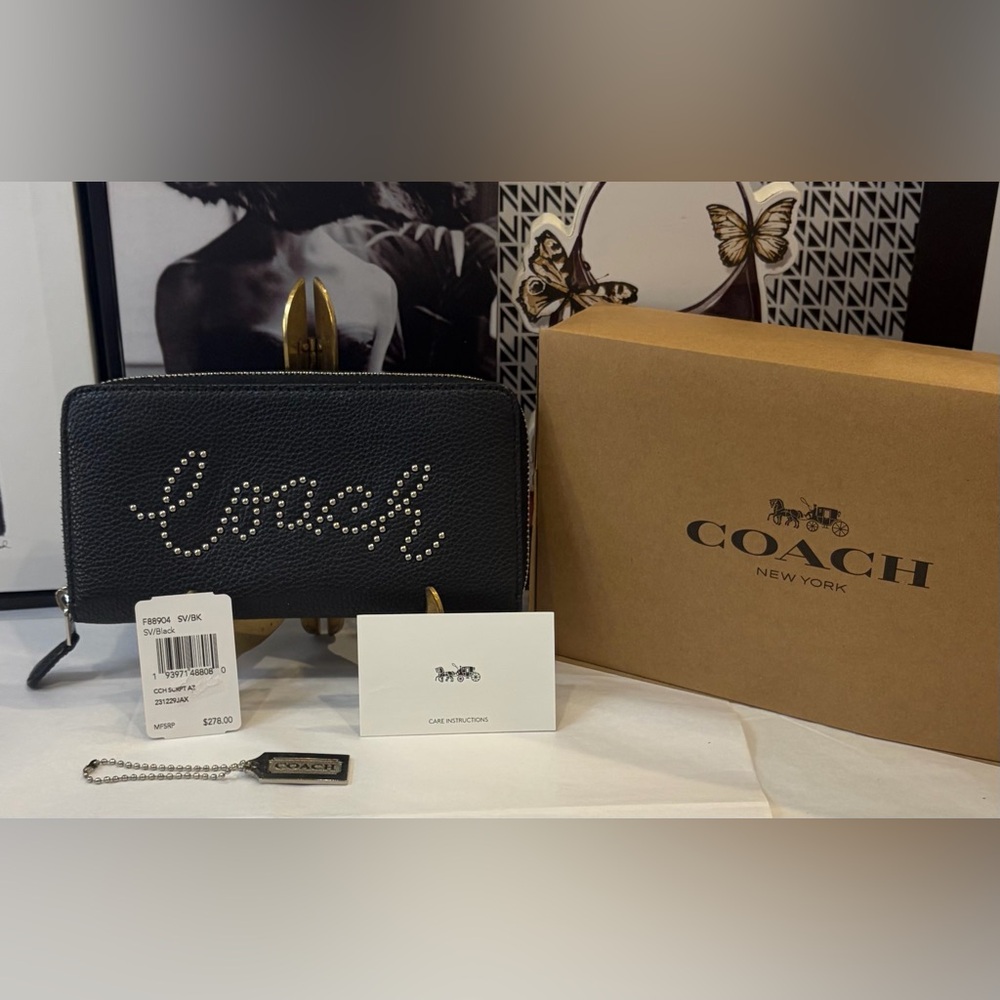NWT COACH LIMITED EDITION STUDDED SCRIPT ZIPPER WALLET
7.5" (L) × 4" (H) - Picture 1 of 13